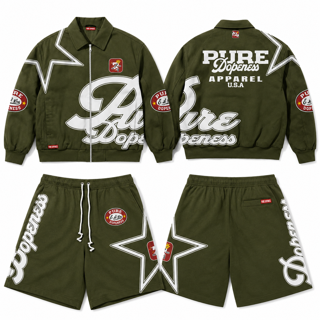 Pure Dopeness Money Trees Jacket & Shorts Set – army olive front and back view