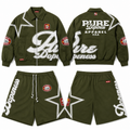 Pure Dopeness Money Trees Jacket & Shorts Set – army olive front and back view
