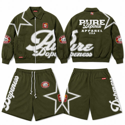 Pure Dopeness Money Trees Jacket & Shorts Set – army olive front and back view