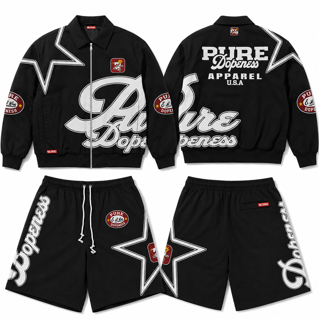 Pure Dopeness Drop 001 jacket and shorts set flat lay - front and back
