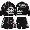 Pure Dopeness Drop 001 jacket and shorts set flat lay - front and back