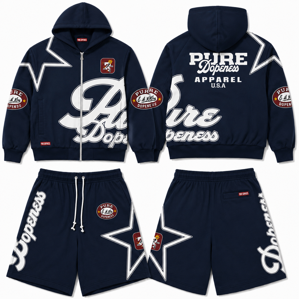 Pure Dopeness Blue Strip Hoodie and Shorts Set - Navy
