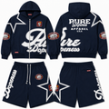 Pure Dopeness Blue Strip Hoodie and Shorts Set - Navy