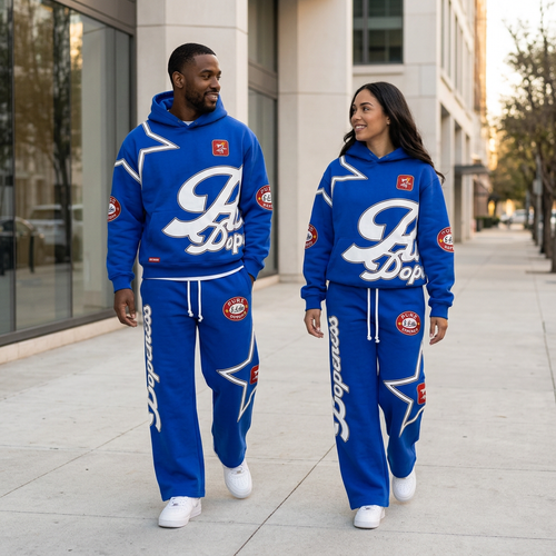 Man and woman casually walking in Blue Magic sets