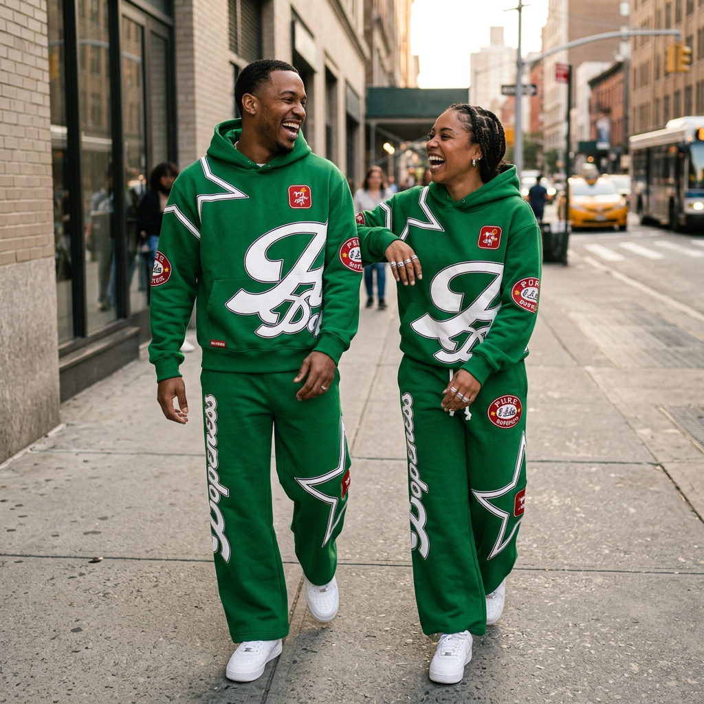 Man and woman having fun in matching green Paid In Full sets