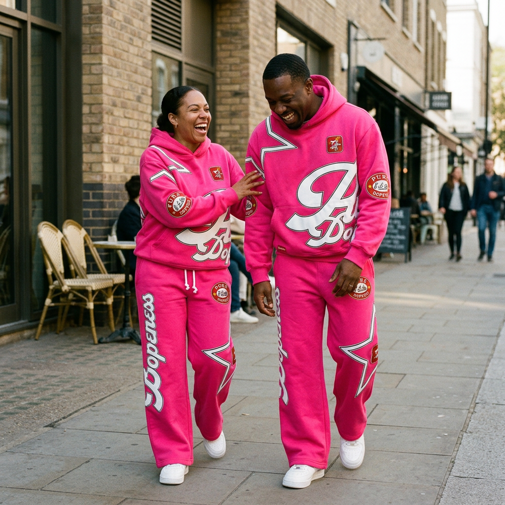Man and woman laughing and playfully nudging each other in Pink Slips sets