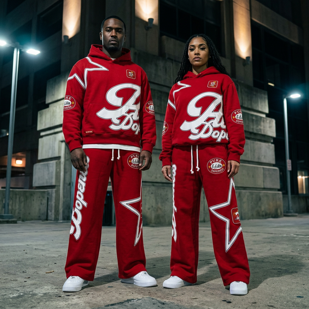 Man and woman wearing Heat Check with intense expressions and cinematic city lighting