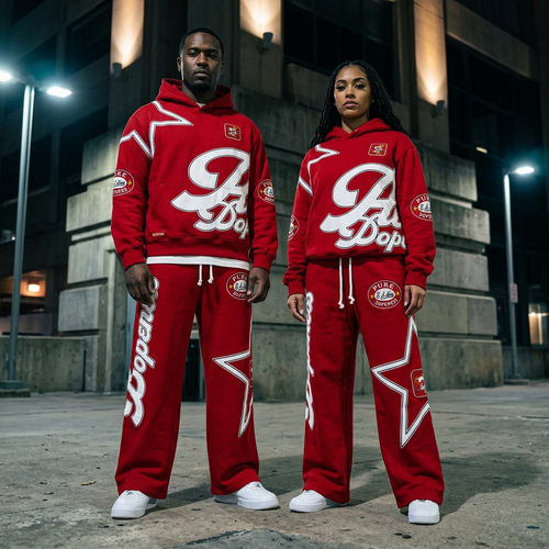 Man and woman wearing Heat Check with intense expressions and cinematic city lighting