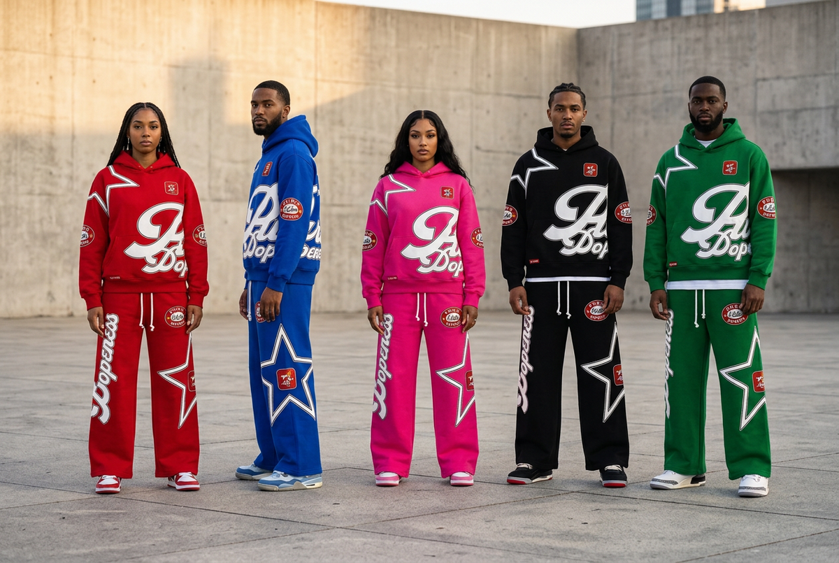 Men and women modeling all five Pure Dopeness set colors
